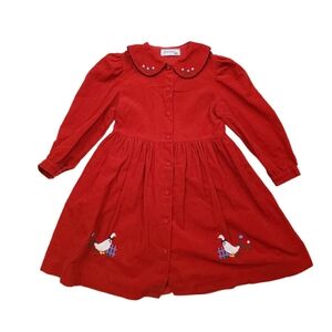 Jacadi Size 6 Vintage Red Corduroy Embroidered Goose Peter Pan Collar Dress